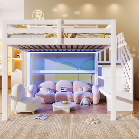 Letto a castello 140x200 cm con luci LED, scala contenitore e vano aperto, legno di pino e MDF bianco (1/5)