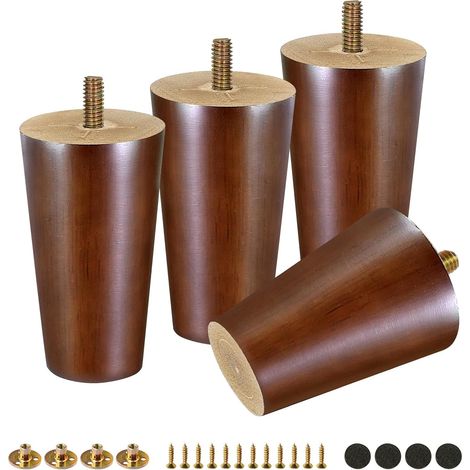 4 Pièces Pieds de Meuble en Bois 12cm Pied de Table Bois Chêne Pieds de Rechange avec Plaques de Montage et Vis pour Canapé, Lit, Fauteuil, Armoire, Table Basse, Marron (1/5)