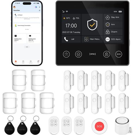 Alarme Maison sans Fil 4G + WiFi, Kit Alarme sans Abonnement Écran tactile 4,3", détecteurs d'ouverture et de mouvement inclus, application Tuya Smart, compatible Alexa (1/5)