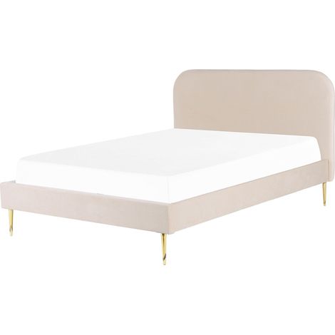 Beliani – Lit double 160x200 cm en velours beige – Rembourrage supérieur – Pieds dorés – Sommier à lattes amovible – Design glamour (1/5)