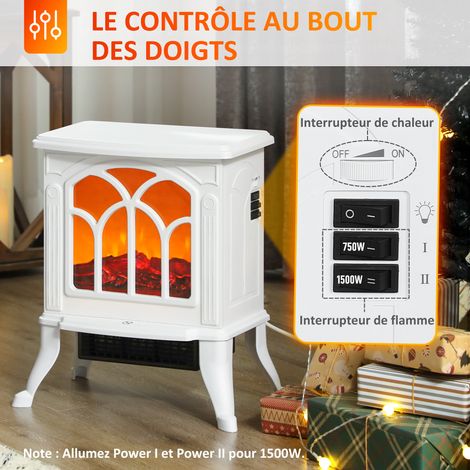 Cheminée électrique sur pied rétro effet flamme LED 750/1500W design bois blanc 37x23x44cm chauffage d'appoint décoratif (1/5)