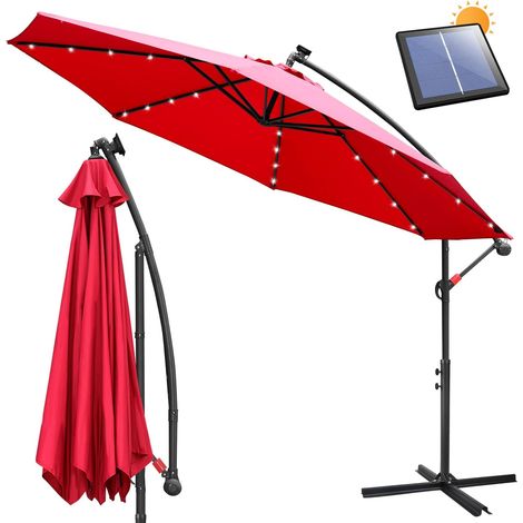 350 cm Parasol de jardin exterieur avec éclairage Solaire LED, Parasol Déporté en Aluminium avec Protection UV, pour Jardin, terrasse, Balcon (Rouge) (1/5)