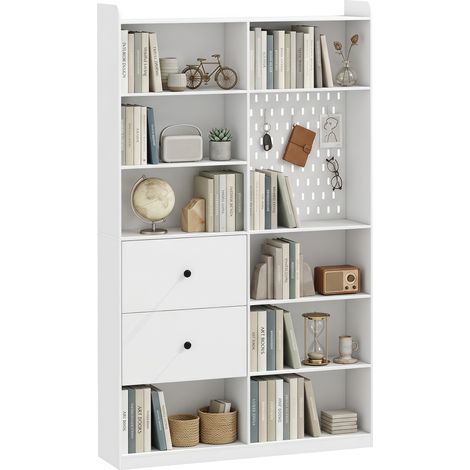 Libreria Doppia a 6 Livelli con Cassetti e Pannello Forato, Bianco (1/5)