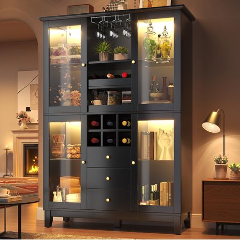 Buffet à vin 120/40/180,5 cm en noir avec LED RGB, 3 tiroirs et porte-verres (1/5)