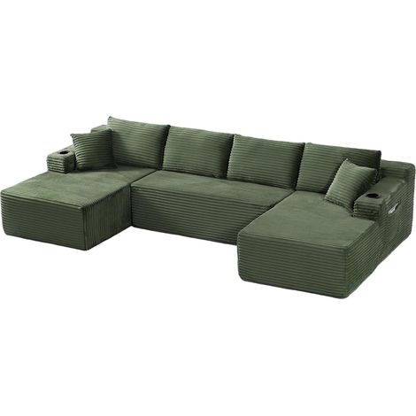 Sofá modular en U de 3 piezas en pana verde, sin montaje, 339 x 168 x 82 cm (1/5)