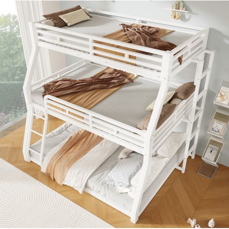 Letto a castello triplo in metallo 90x200/120x200/140x200 cm con scale, bianco OKMYHOME (1/5)