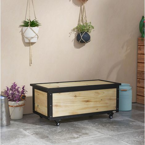Baule da giardino 100x50x43 cm, con ruote, cerniere in metallo, legno naturale (1/5)