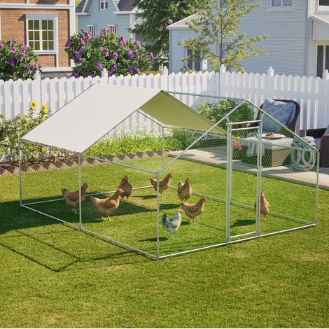 Recinto per polli 303x400x200 cm, con serratura di sicurezza, telo PE impermeabile e UV, acciaio zincato grigio (1/5)