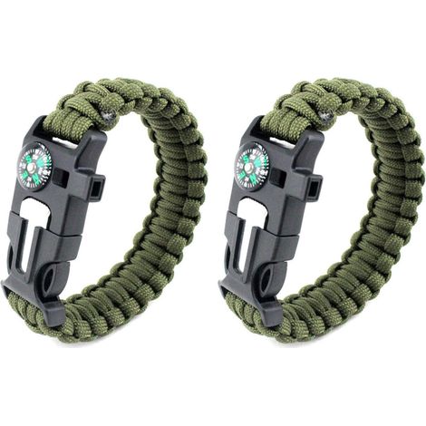 Pulsera de supervivencia de paracord 5 en 1: incluye varias herramientas de emergencia: brújula, encendedor, rascador y silbato, 2 piezas en total, color verde.
