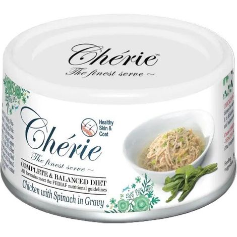 Cherie  Aliment cuit à la vapeur pour chats adultes  Boîte de 80 g - Poulet aux épinards