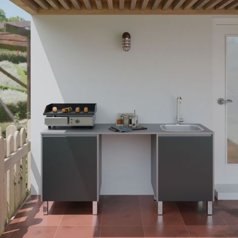Cuisine d'extérieur en inox KX14 - 180 cm avec évier et emplacement frigo