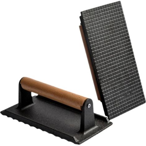 Presse à burger en fonte avec manche en bois, plaque pour bacon et steak, grillade antiadhésive pour barbecue intérieur et extérieur (1/5)