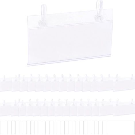 30 pièces Porte-étiquettes en Plastique Transparent,10 x 5.5cm porte etiquette,Étiquette de Prix Porte-Étiquette, Réutilisables Porte-prix,pour Étagère,Marchandises(avec 60 Boucle de suspension) (1/5)