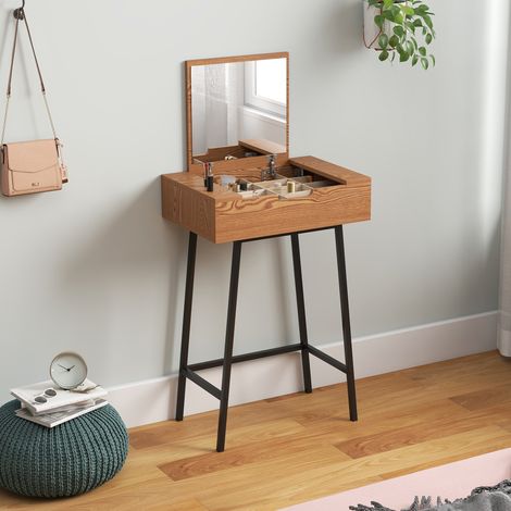 Coiffeuse de style industriel avec miroir rabattable et 16 compartiments. Fabriquée en bois et en acier. 60 x 40 x 90 cm.