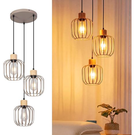 ZMH Suspension E27 3 Lumières, Bois Gris, Style Moderne, Luminaire pour Salle à Manger et Cuisine (1/5)