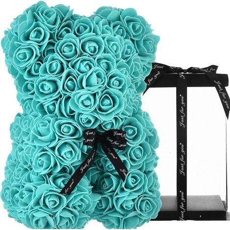 TrAdE Shop Traesio - Orsacchiotto Di Rose Con Fiori Artificiali Da 40cm In Scatola Confezione Regalo - Verde Tiffany