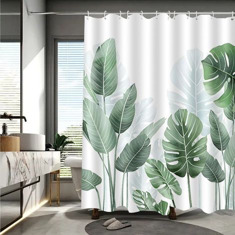 Curtain of Shower Anti-moisissure 120 x 180 cm  Strelitzia  Polyester  with Rings  Curtains of Shower - Show Curtain - Pattern Sheets Tropicales - Fabric Washable in Machine (1/5)