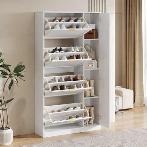 Mobile portascarpe con specchio, 4 scomparti ribaltabili, bianco HAVRYA (1/5)