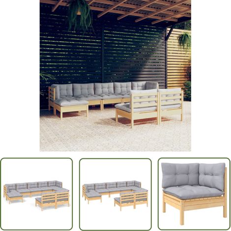 The Living Store 9-tlg. Garten-Lounge-Set mit Grauen Kissen Kiefernholz - Gartensessel - Lounge Set - Gartenmöbel - Outdoor Möbel - Rattan Sessel (1/5)