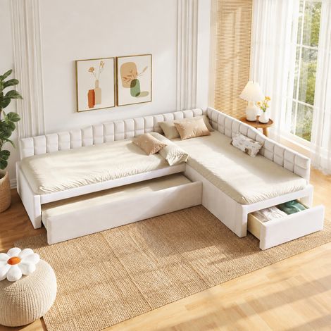 Cama en L 90x200 cm de MDF beige con cama nido y cajones, para espacios pequeños – MEUBLIV (1/5)