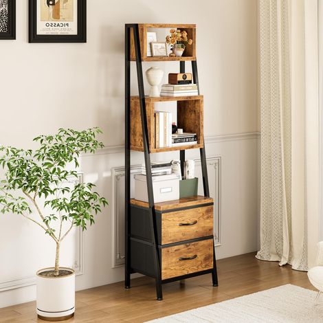 Book Shelf, Narrow Bookcase with 5 Shelves and 2 Fabric Drawers, Bookshelf Suitable for Bedroom, Office, Living Room