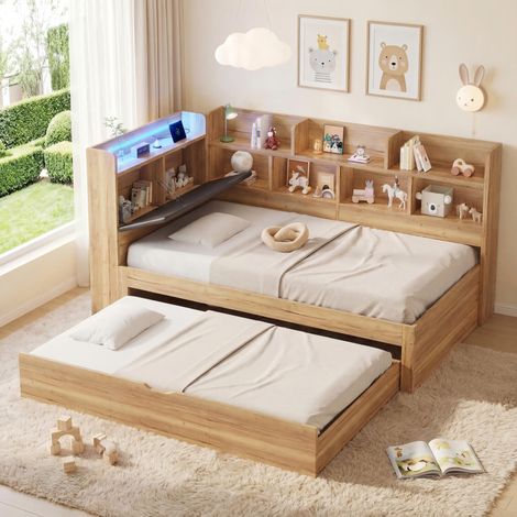 Letto per bambini estraibile 90x200 cm con vani portaoggetti, letto divano con illuminazione LED smart, letto estraibile con ripiani comodino reversibili, naturale (1/5)