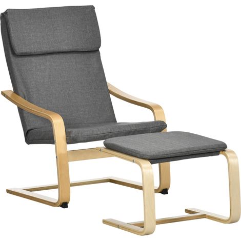 Fauteuil avec repose-pieds, ensemble fauteuil, aspect lin, bois massif, gris et naturel (1/5)