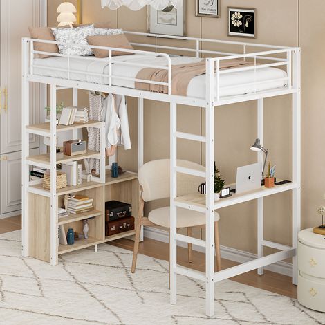 Letto A Soppalco 90 x 200 Cm Con Scrivania, Presa USB, Scaffali E Spazio Di Archiviazione Aperto, Senza Materasso, In Metallo, Bianco