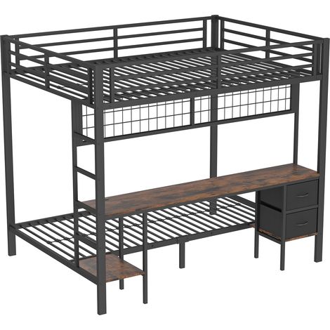 Lit mezzanine 90x200 et 140x200 cm métal noir avec bureau, tiroirs, led et usb, sans matelas