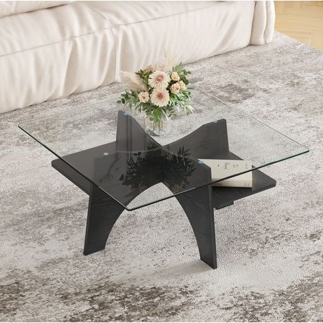 Table basse carrée moderne en verre sécurit 80 cm, pieds MDF effet bois noir, REDOM (1/5)