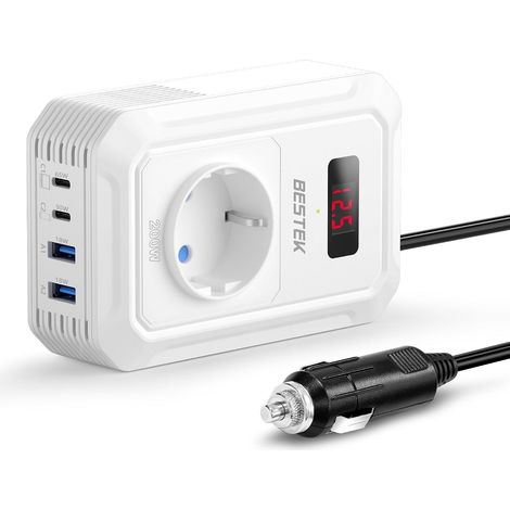 Convertisseur 12v 220v 230v 240v 200W Prise Allume Cigare Transformateur de Tension,4 Ports USB et 1 Prises EU, Chargeur Voiture Camping Car avec Multi Protections (Blanc) (1/5)