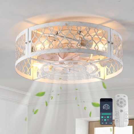 Plafonnier Ventilateur Cage Métal Blanc 50cm 6 Vitesses Luminaire Design Industriel Fermier Montage Flush E27 4 Ampoules Moteur Silencieux Réversible avec Télécommande App (1/5)