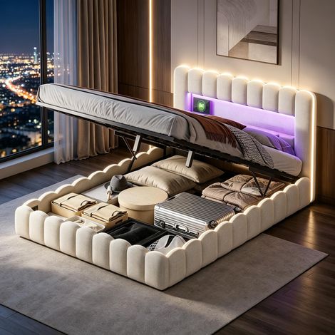 FOERPL-Gepolstertes Bett 160x200cm mit LED et USB/Type-C, Doppelbett 160x200 mit hydraulischem Bettkasten, Polsterbett 160x200 mit Bettkasten und Lattenrost Gepolsterter Bettrahmen