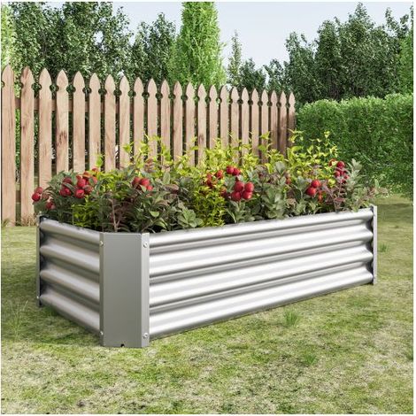 Lit de jardin surélevé d'extérieur, 120 x 61 x 30 cm, parterres de fleurs rectangulaires surélevés en métal pour plantes, légumes et fleurs – Argent (1/5)