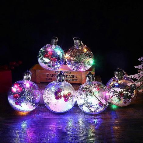 Six pendentifs en forme de boule scintillante avec lumières LED, rechargeables en ampoules, peuvent être suspendus à un arbre, parfaits pour les décorations de fête. (1/5)