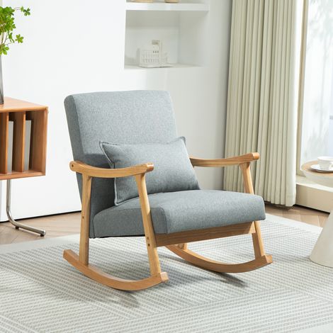 Silla Mecedora con Cojín Lumbar Respaldo Amplio y Base de Madera para Salón o Dormitorio 65x87x84 cm Gris Claro (1/5)