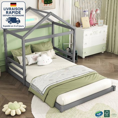 Lit cabane 140x200cm, lit enfant, pin, sommier à lattes, lit simple, sans matelas, style minimaliste, gris (1/5)