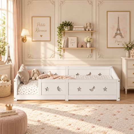Lit montessori enfant 90x200 cm,lit simple avec barrières de sécurité,Lit au sol enfant 90x200cm en Bois Massif,design étoiles et lunes,lit à barreaux,Blanc (1/5)