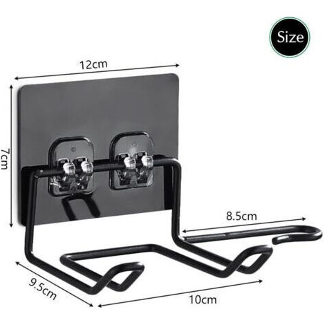 Support pour sèche-cheveux sans perçage - Fixation murale adhésive avec gestion des câbles - Acier inoxydable - Lot de 2, Noir