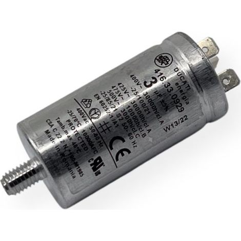 Ducati Energia – Condensateur permanent aluminium 3µF à cosses faston simple – Ø30x60mm – Compatible appareils électroménagers – Durée de vie 30,000h