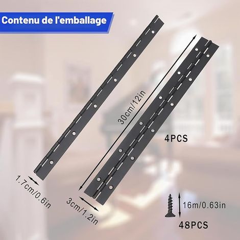 Charnière à barre de piano, charnières de piano en acier inoxydable vis pianos, portes d'armoire, armoires de bateau, 300 x 30 x 1,0 mm - Charnière de meubles (Noir)