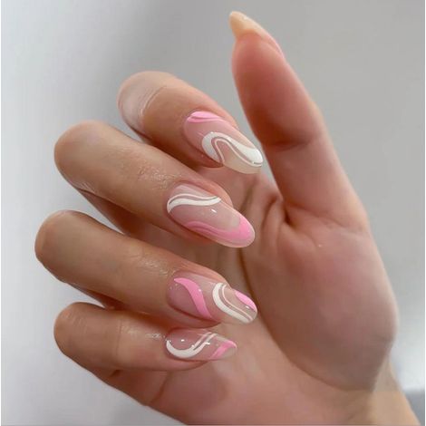 Ongles à coller, longueur moyenne, forme amande Ongles roses à coller Faux ongles brillants Ongles acryliques à couverture complète à coller (Amande2) (1/5)