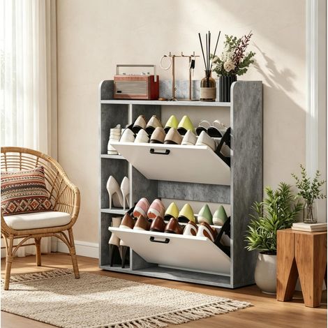 Schuhschrank 83/24/90,5 cm in Weiß/Grau mit 2 Klappen und Seitenfächern (1/5)