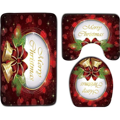 Lot de 3 pièces pour salle de bain de Noël : housse de lunette de WC, tapis antidérapant et sticker décoratif, motif festif, ensemble de décoration hivernale pour toilettes. (1/2)