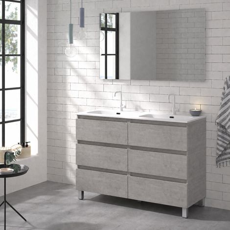 Meuble de salle de bain OROSI 6 tiroirs 120 cm Béton avec double lavabo