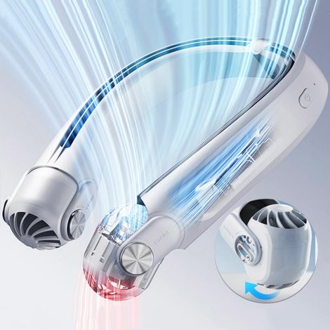 Ventilateur de cou rechargeable sans pales, portable et mains libres, argenté, avec climatisation réglable à 360° pour usage intérieur/extérieur. (1/5)