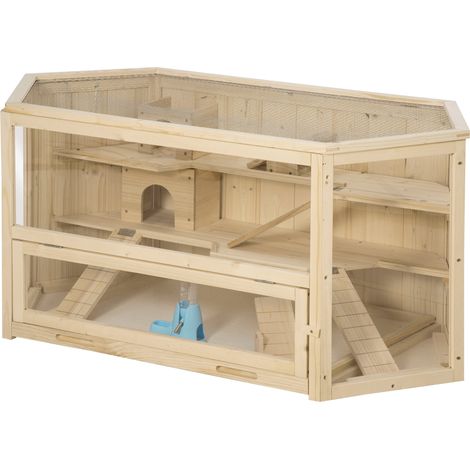 Cage hamster 3 bascules fenêtres cabanes plateau coulissant effet bois naturel 115 x 60 x 55 cm