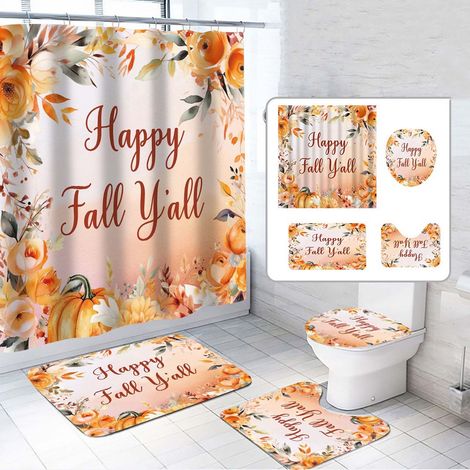 Rideau De Douche - Tapis De Bain - Coussin Pour Abattant De WC - Motif Automnal - Polyester - Lot Complet (1/5)