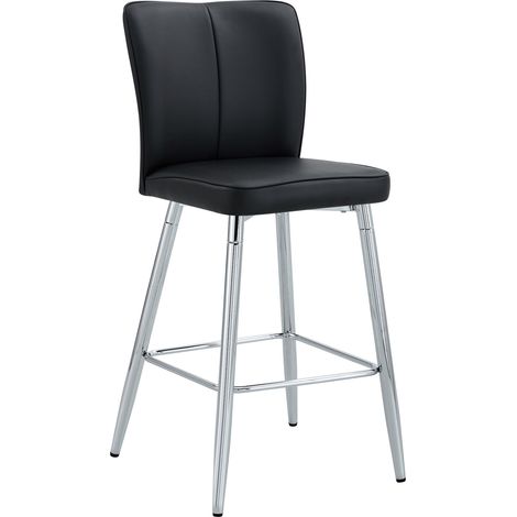Lot de 2 tabourets de bar avec dossier ergonomique, assise en cuir régénéré noir, piètement métal argenté, repose-pieds et pieds réglables, style moderne CHICFURN (1/5)