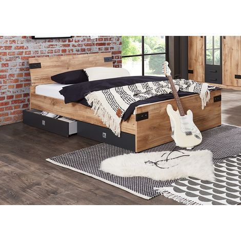 Pegane – Lit compact 90 x 200 cm en panneaux de particules mélaminés imitation chêne poutre – 2 tiroirs de rangement inclus – Rechampis graphite